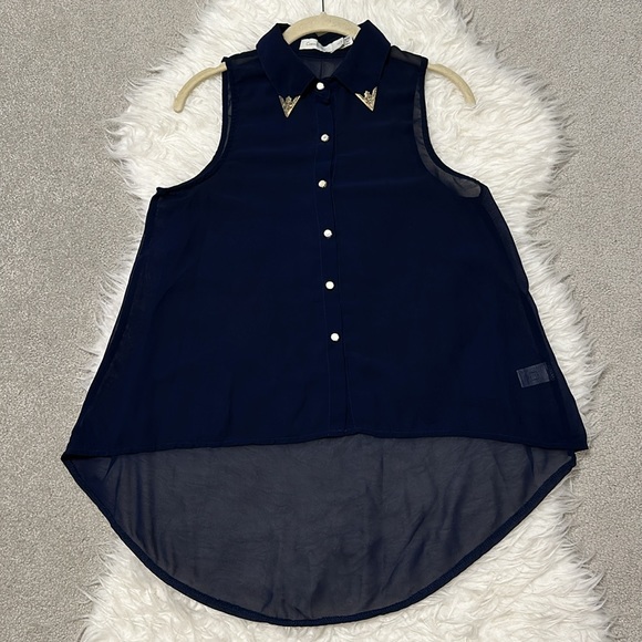 2 High Low Sleeveless Navy & Black Leopard Animal Print Blouses w/Collar - Picture 2 of 16